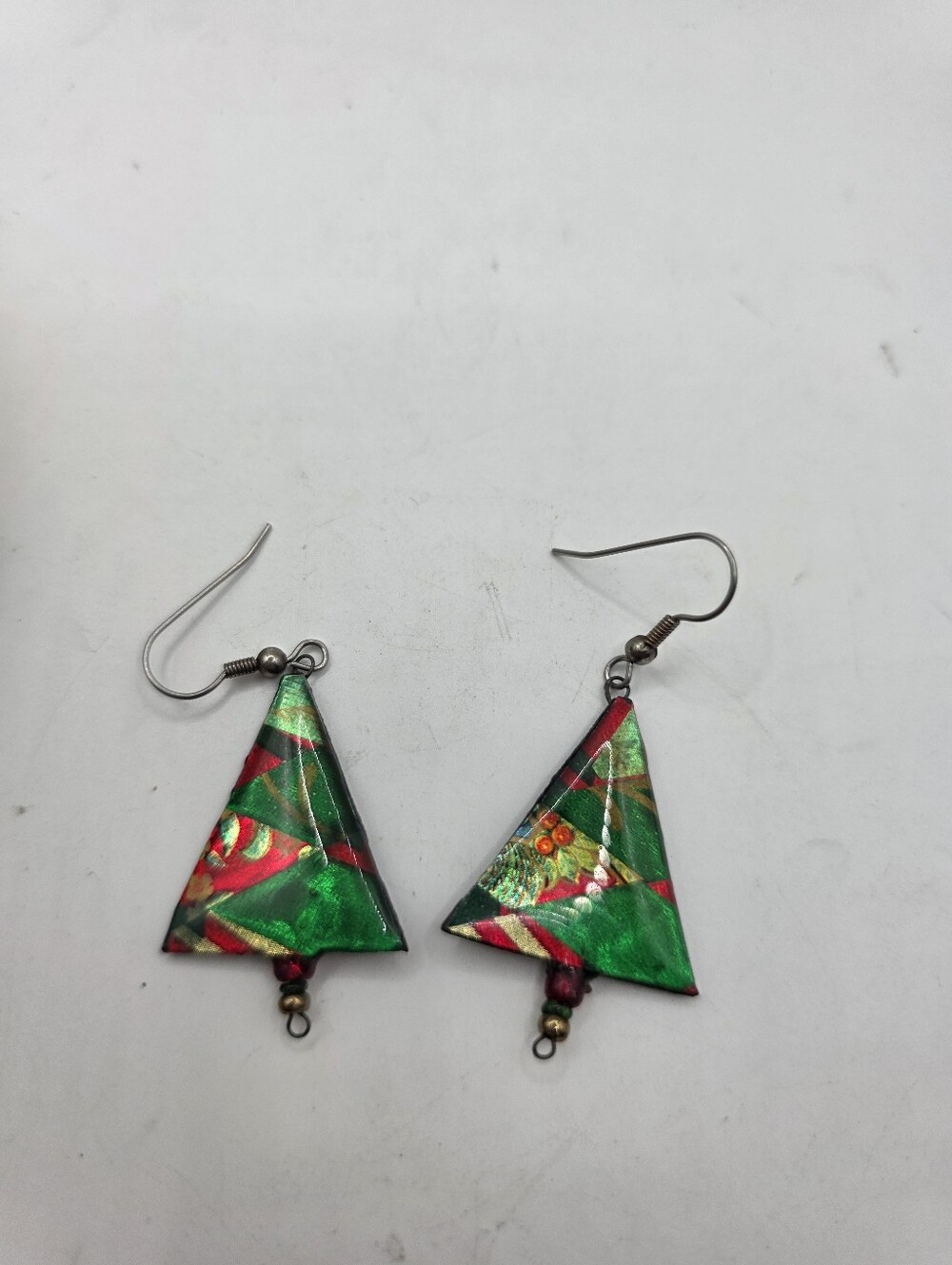 Vintage Christmas Tree Drop Earrings Origami Paper Resin Holly Berry Dangle